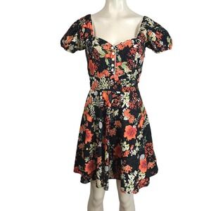 Trollied Dolly Black Floral Puff Sleeve Retro Fit Flare Dress Women Medium
